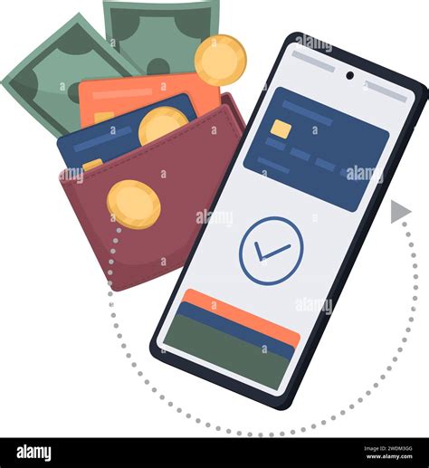 Digital wallet app on smartphone, wallet holding credit cards and cash ...