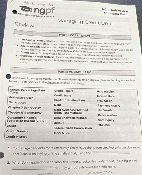 Solved: ngpf NGPF Unit Review Managing Credit NEXT GEN PERSONAL FINANCE ...