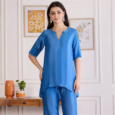 Blue Pin Tucked Beaded Pintuck Top | First Resort by Ramola Bachchan