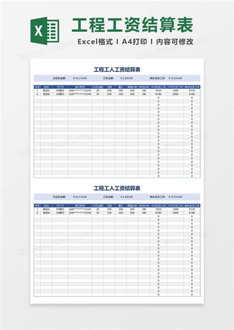 工程工人工资结算表Excel模板下载_熊猫办公