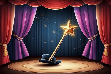 Magic wand and hat on stage with curtain focus and entertainment ...