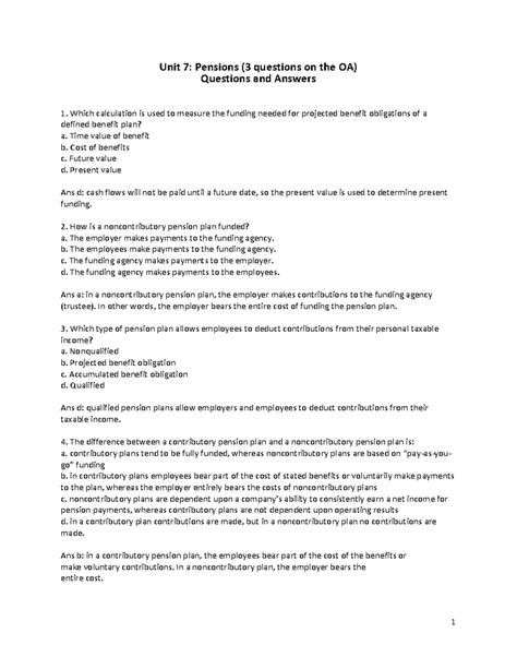 D105 Unit 7 - Pensions: Q&A Practice for Exam Preparation - Studocu