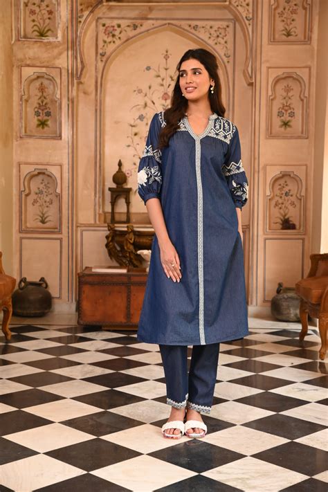 Dark Blue Embroidered Denim A-Line Kurta – Savi India