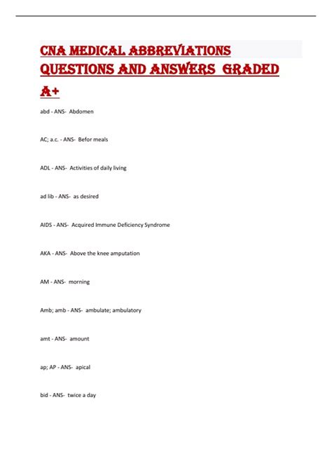 CNA medical abbreviations Questions and Answers Graded A+ - CNA medical ...