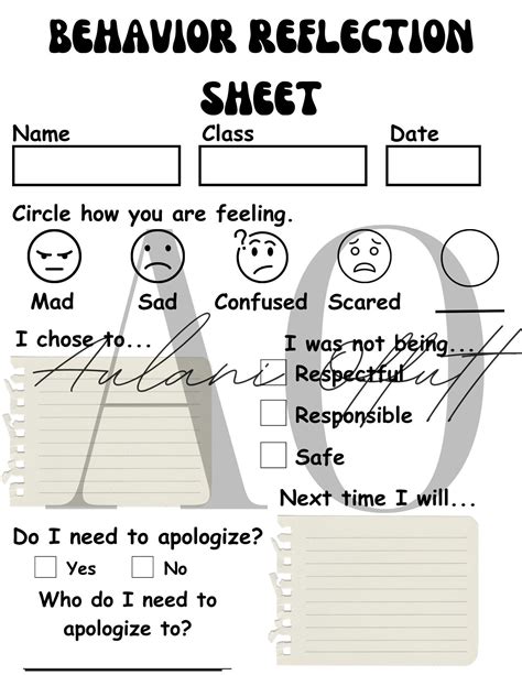 Behavior Reflection Sheet - Etsy