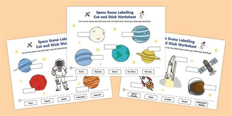 Space Scene Labelling Cut and Stick Worksheet (teacher made)