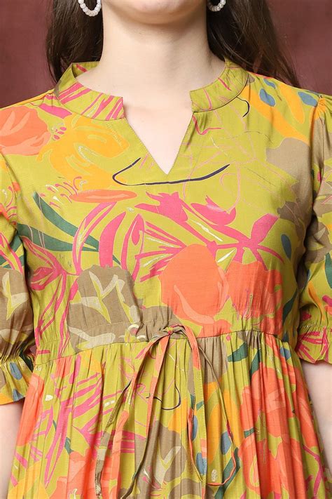 Musturd Color Floral Printed Chanderi Dress For Women