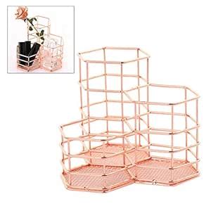 Pen Cup Holder Desk Hexagon Metal Makeup Brush Organizer Stationery ...