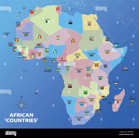 Map of African continent divided by nations and states with flags and ...