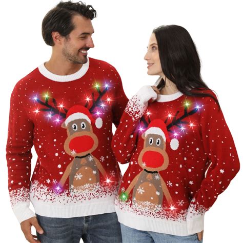 NIYPS Unisex Ugly Christmas Sweater, Funny Reindeer LED Light Up, Red ...