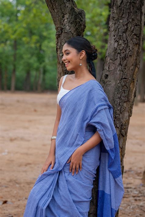 Handloom Blue Check Mul Cotton Saree