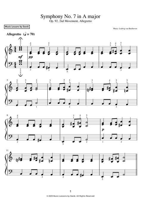 Symphony No. 7 in A major (EASY PIANO) Op. 92, 2nd Movement, Allegretto ...