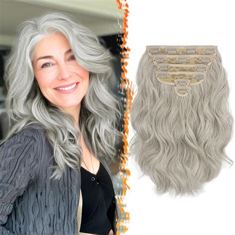 Amazon.com : BARSDAR Short Wavy Silver Grey Clip in Hair Extensions ...