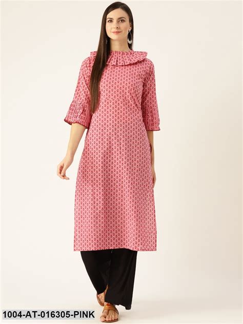 Pink Three-Quarter Sleeves Straight Ethnic Motifs Printed Kurta ...