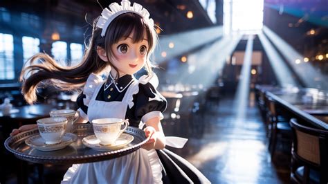 ⚔️ Anime Maid Girl Carrying Tea in Sunlit Restaurant 4K Wallpaper