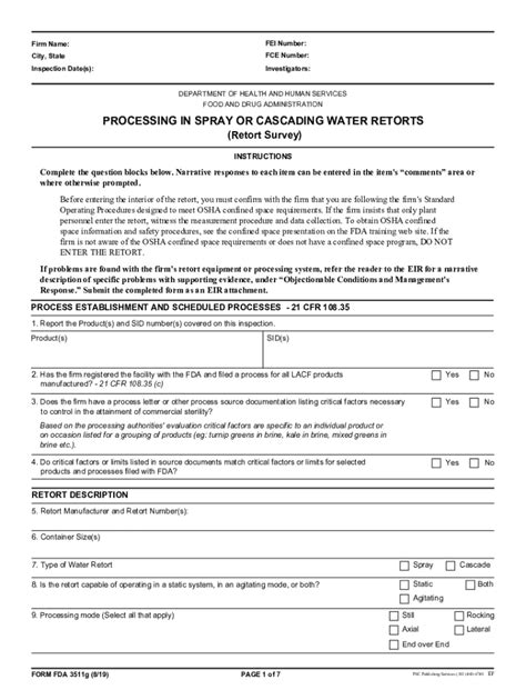 Fillable Online FORM FDA 3511g. Processing In Spray or Cascading Water ...