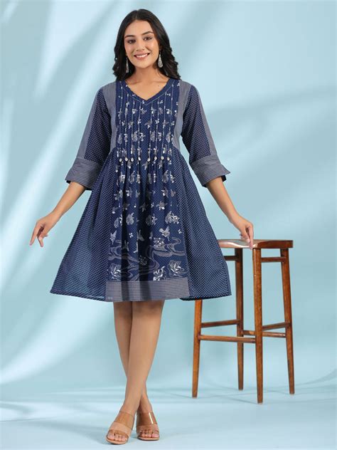 Shop Juniper Blue Ethnic Motif A-Line Dress - Cotton Dress with ...
