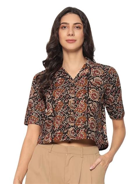 Buy Women's Kalamkari Printed Cuban Collar Cotton Printed Crop Shirt ...