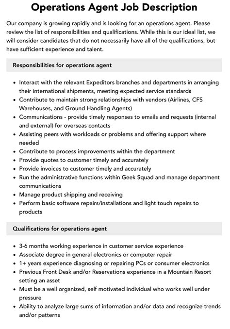 Image result for Operations Agent Job Description