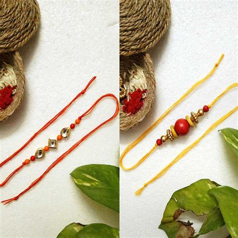 1square 2drop Kundan Rakhi and Big Red Beaded Yellow Dhaga