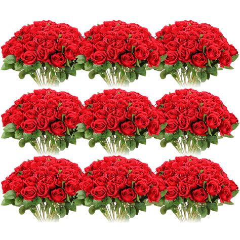 Amazon.com: Jexine 100 Pieces Artificial Roses Flowers bulk, Long Stem ...