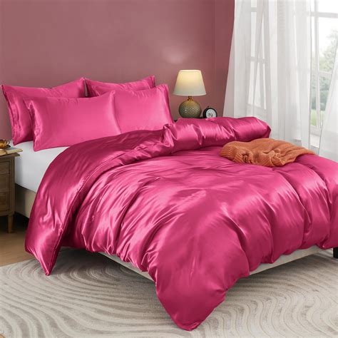 Horbaunal 5 Pieces Satin Duvet Cover Set King Size Hot Pink Duvet Cover ...