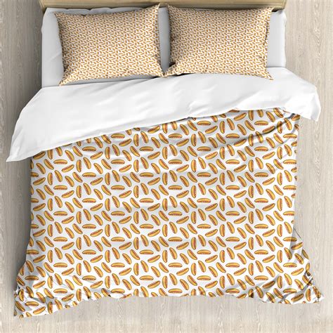 Mustard Duvet Cover Set, Fast Food Themed Cartoon Sauced Frankfurter ...