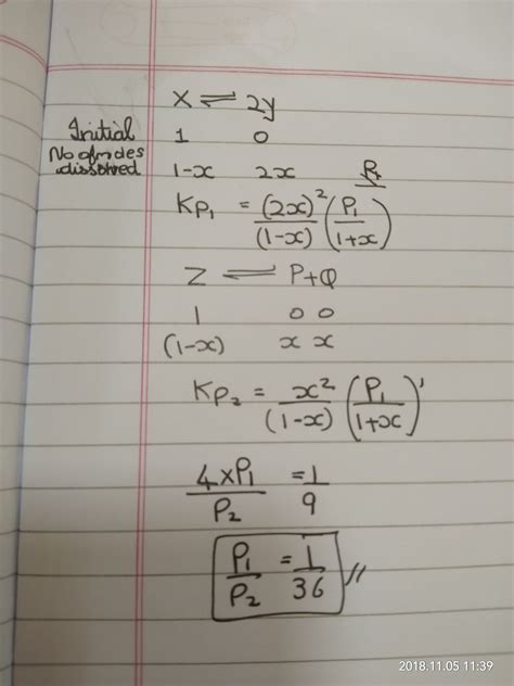 The equilibrium constant kp1 and kp2 for the reactions x->2y and z->p+q ...