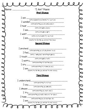"I Am" Poem Template by Kelsey Gydesen | TPT