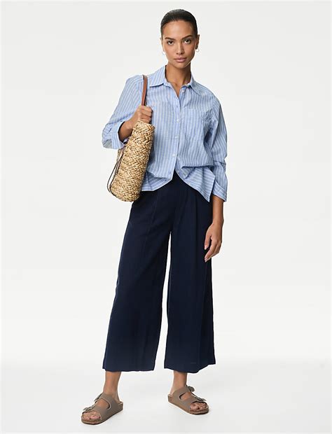 Buy Linen Rich Wide Leg Cropped Trousers at Marks & Spencer