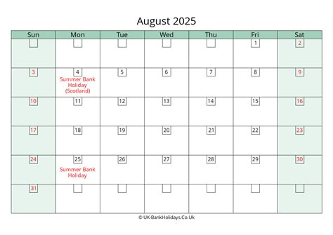 August 2025 Calendar Printable with Bank Holidays UK