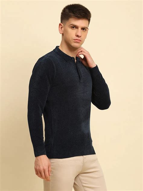Navy Blue Velvet Blend Solid Regular Fit Pullover – Globa...