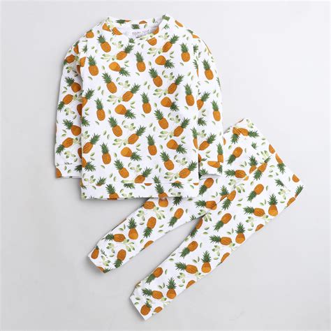 Polka Tots Pineapple Full sleeve tshirt with lounge pant set - White ...