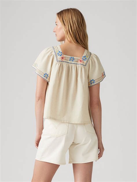 Women's Embroidered Cream Square Neck Top – Levis India Store