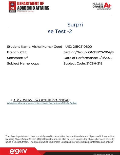 21BCS10800- Vishal Kumar GEED- surprise test 2 - Surpri se Test ...