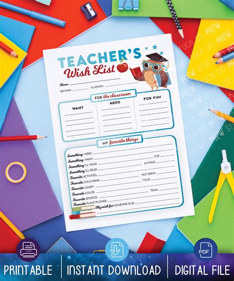 Printable Teachers Favorite Things, Wish Lists, Wish List Template, All ...