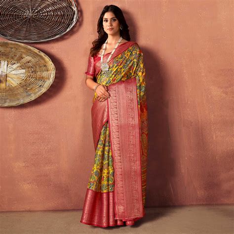 Yellow Printed With Woven Border Kota Doria Saree