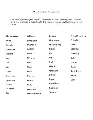 Vocabulary Parade Words For 5th Grade - Fill Online, Printable ...