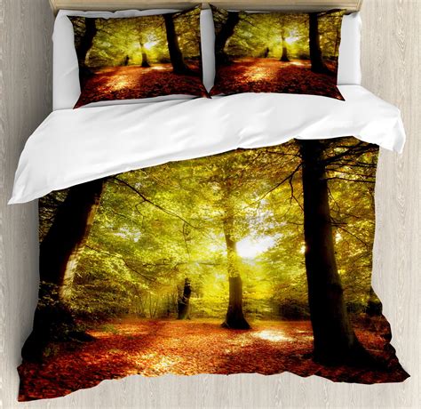 Fall Duvet Cover Set, Blurry View of Forest Defoliation Mysterious ...