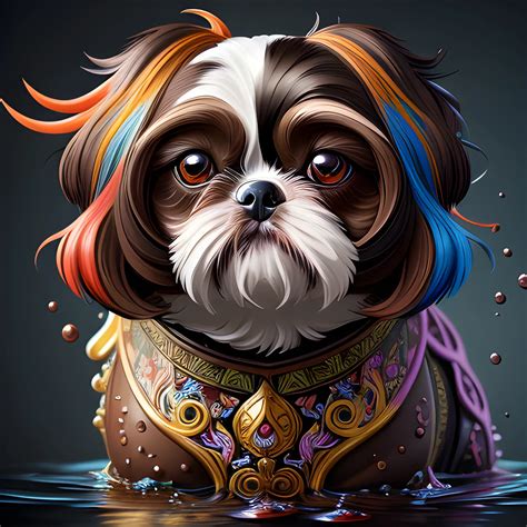 splash art, all dark and brown liquid shihtzu with long hair and brown ...