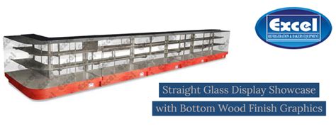 Straight Glass Display Showcase with Bottom Wood Finish Graphics.