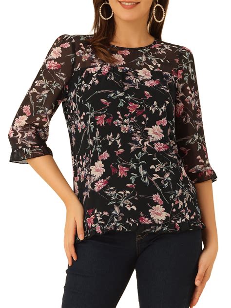 Allegra K Women's Blouses Floral Round Neck Ruffled 3/4 Sleeves ...