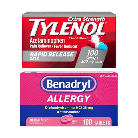 Benadryl Ultratabs Antihistamine Allergy Relief Tablets & Tylenol Extra Strength Pain Reliever ...