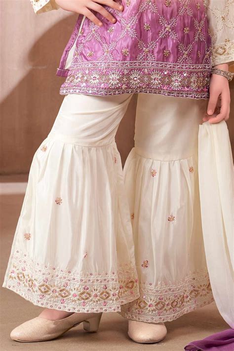 Ivory And Lavender Ombre Embroidered Kurti Sharara Set with Dupatta fo ...
