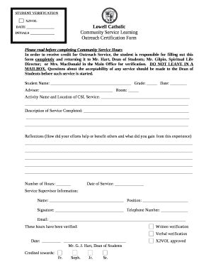 MA Lowell Catholic Community Service Learning (CSL) Certification Form ...