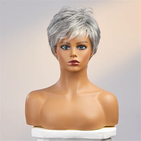 Aidot hiukset Peruukki Lyhyt Suora Otsatukalla Tumman harmaa Pehmeä ...