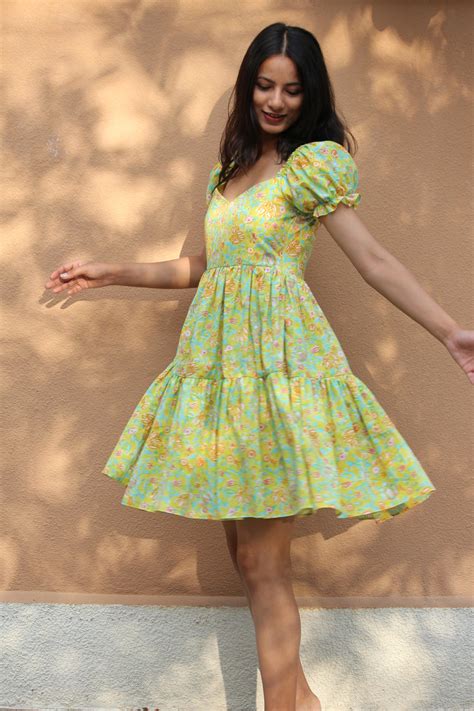 Mint Blossom Floral Hand Block Printed Tiered Dress - Mogra Designs
