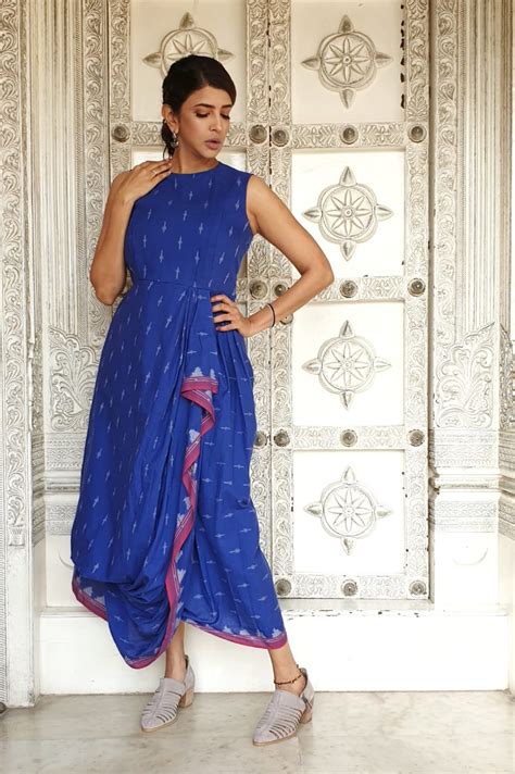 Blue Ikat Drape Dress – Handcrafted Designer Drape Dress for Special ...