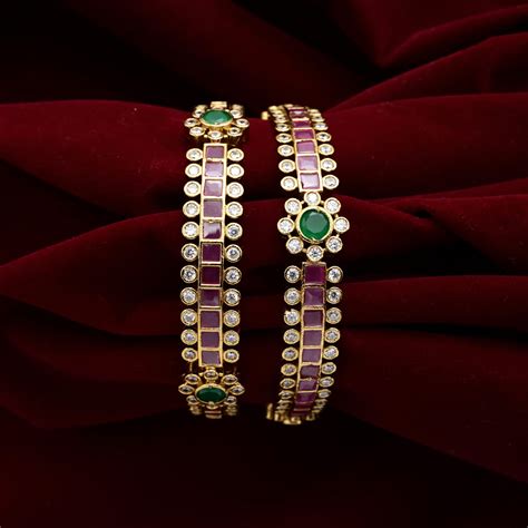 AD Square Stone Flower Border Bangles Ruby,White & Green - 2.6