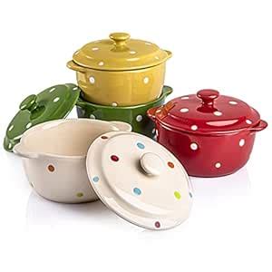 Buy AVLA 4 Pack Porcelain Ramekins, 9 OZ Mini Casserole Bowl with Lid ...